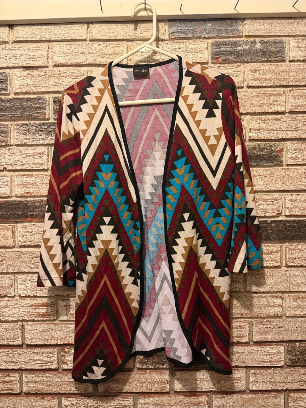 audrey Open-Front Aztec Cardigan - Burgundy, Turquoise, Beige